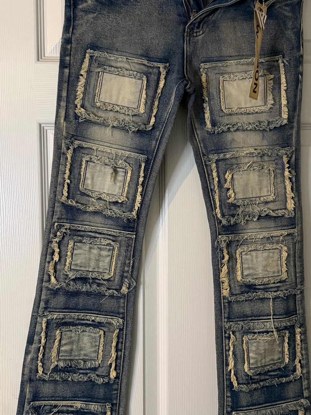 Men's Distressed Patchwork Jeans - Blue